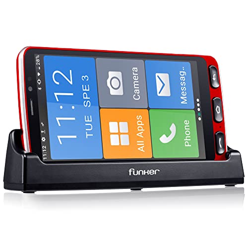 Funker E500I Easy - Telefono Móvil Smartphone 4G con Whatsapp para Personas Mayores, Botón SOS,Base de Carga, Iconos XXL, Pantalla de 5.5” Pulgadas HD, 16 GB de Memoria Ampliable, Android 10 (Rojo)