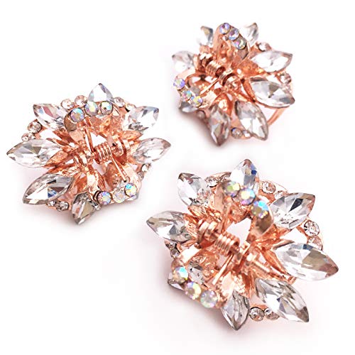 3PZAS Pinzas de Garra para el Pelo de Metal Pequeñas Tono Oro Rosáceo Pedreria Cristal para Mujeres Niñas